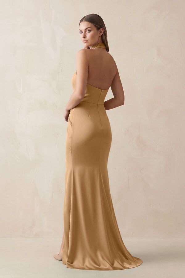 Halter Ruched Sheath Satin Bridesmaid Dress in Bronzer - KissProm Bridesmaid Dresses