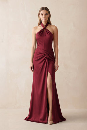 Halter Ruched Sheath Satin Bridesmaid Dress in Burgundy - KissProm Bridesmaid Dresses