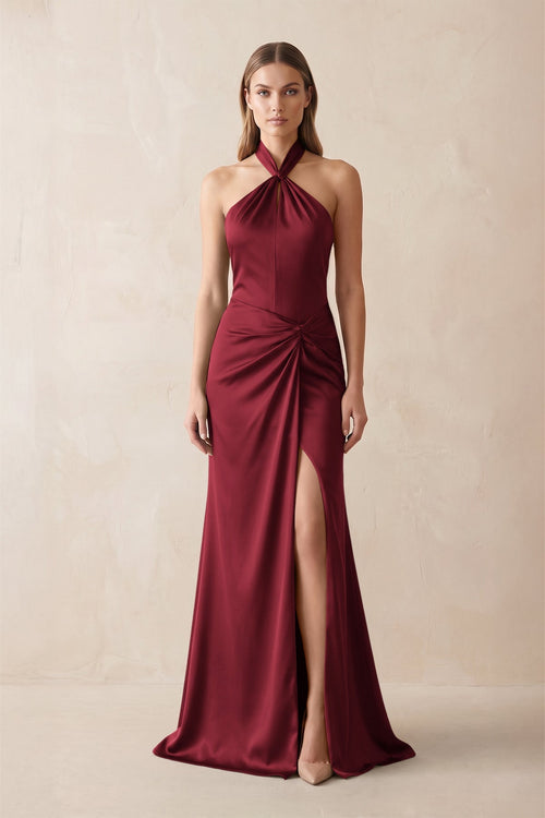 Halter Ruched Sheath Satin Bridesmaid Dress in Burgundy - KissProm Bridesmaid Dresses