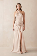 Halter Ruched Sheath Satin Bridesmaid Dress in Buttercream - KissProm Bridesmaid Dresses