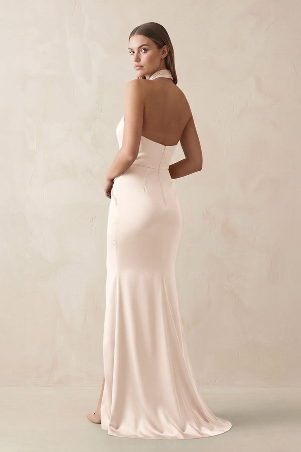 Halter Ruched Sheath Satin Bridesmaid Dress in Buttercream - KissProm Bridesmaid Dresses