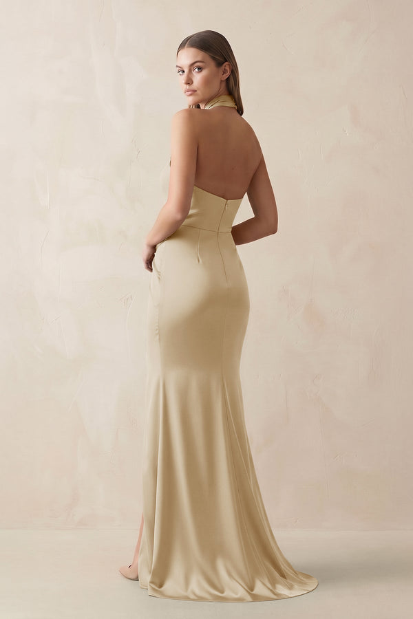 Halter Ruched Sheath Satin Bridesmaid Dress in Champagne - KissProm Bridesmaid Dresses