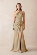 Halter Ruched Sheath Satin Bridesmaid Dress in Champagne - KissProm Bridesmaid Dresses
