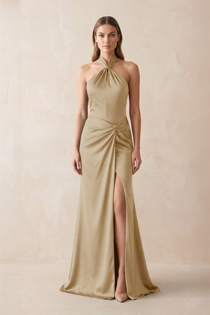 Halter Ruched Sheath Satin Bridesmaid Dress in Champagne - KissProm Bridesmaid Dresses