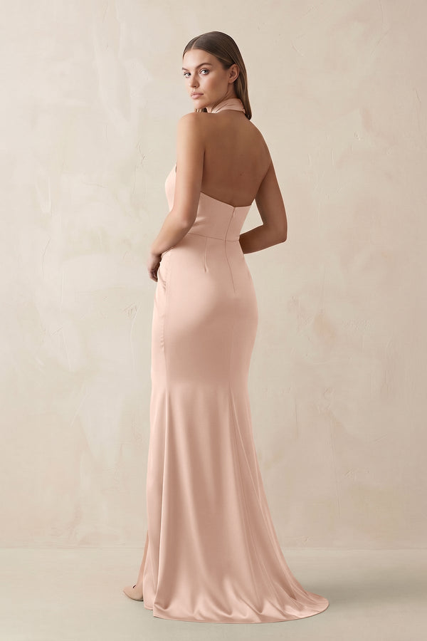 Halter Ruched Sheath Satin Bridesmaid Dress in Champagne Rose - KissProm Bridesmaid Dresses