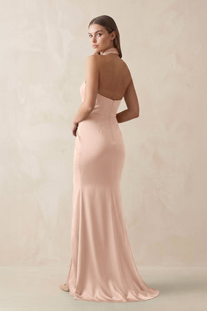 Halter Ruched Sheath Satin Bridesmaid Dress in Champagne Rose - KissProm Bridesmaid Dresses