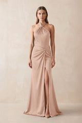 Halter Ruched Sheath Satin Bridesmaid Dress in Champagne Rose - KissProm Bridesmaid Dresses