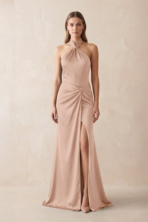 Halter Ruched Sheath Satin Bridesmaid Dress in Champagne Rose - KissProm Bridesmaid Dresses