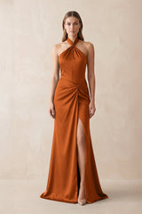 Halter Ruched Sheath Satin Bridesmaid Dress in Cinnamon - KissProm Bridesmaid Dresses