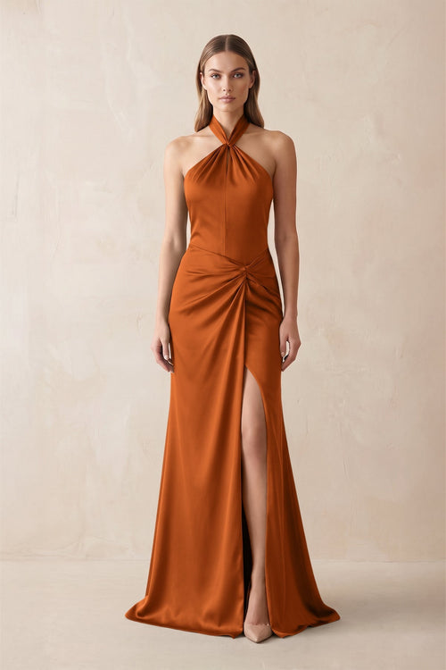 Halter Ruched Sheath Satin Bridesmaid Dress in Cinnamon - KissProm Bridesmaid Dresses