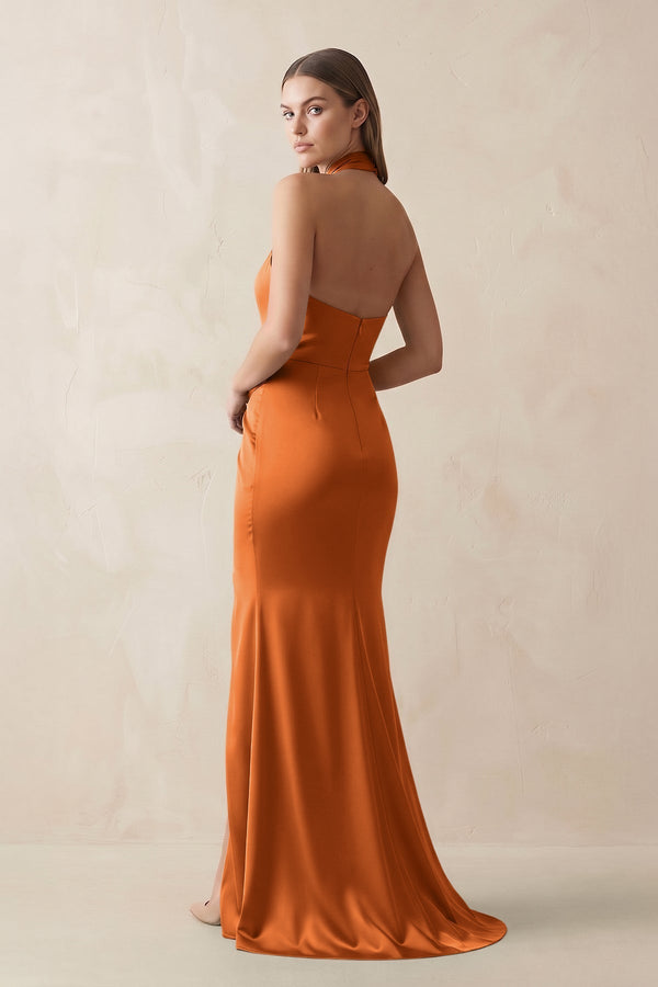 Halter Ruched Sheath Satin Bridesmaid Dress in Cinnamon - KissProm Bridesmaid Dresses