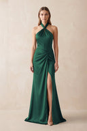 Halter Ruched Sheath Satin Bridesmaid Dress in Dark Green - KissProm Bridesmaid Dresses