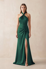 Halter Ruched Sheath Satin Bridesmaid Dress in Dark Green - KissProm Bridesmaid Dresses