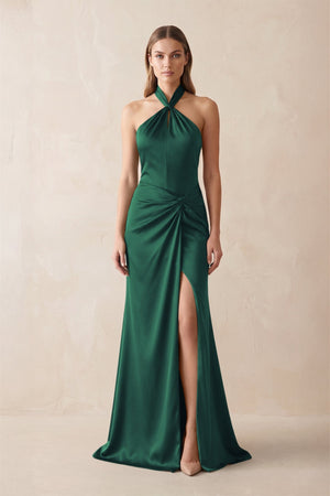 Halter Ruched Sheath Satin Bridesmaid Dress in Dark Green - KissProm Bridesmaid Dresses