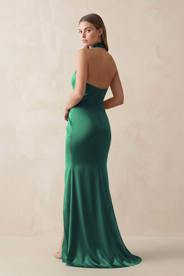 Halter Ruched Sheath Satin Bridesmaid Dress in Dark Green - KissProm Bridesmaid Dresses