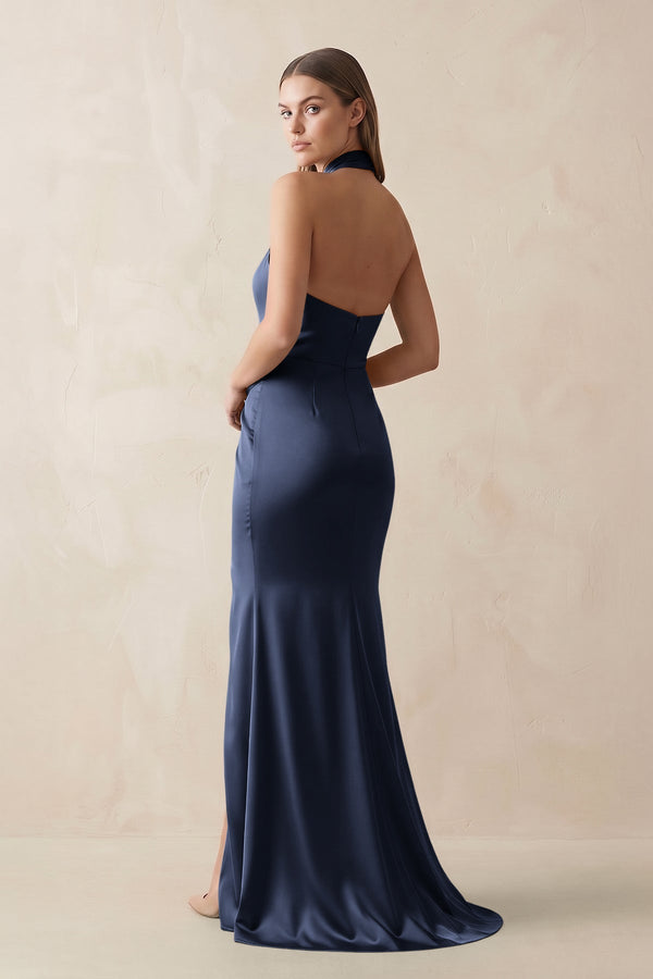 Halter Ruched Sheath Satin Bridesmaid Dress in Dark Navy - KissProm Bridesmaid Dresses