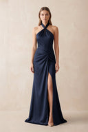 Halter Ruched Sheath Satin Bridesmaid Dress in Dark Navy - KissProm Bridesmaid Dresses