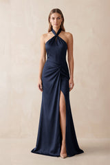 Halter Ruched Sheath Satin Bridesmaid Dress in Dark Navy - KissProm Bridesmaid Dresses