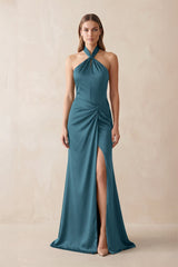 Halter Ruched Sheath Satin Bridesmaid Dress in Dark Teal - KissProm Bridesmaid Dresses