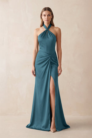 Halter Ruched Sheath Satin Bridesmaid Dress in Dark Teal - KissProm Bridesmaid Dresses