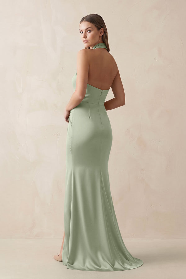 Halter Ruched Sheath Satin Bridesmaid Dress in Dove Gray - KissProm Bridesmaid Dresses