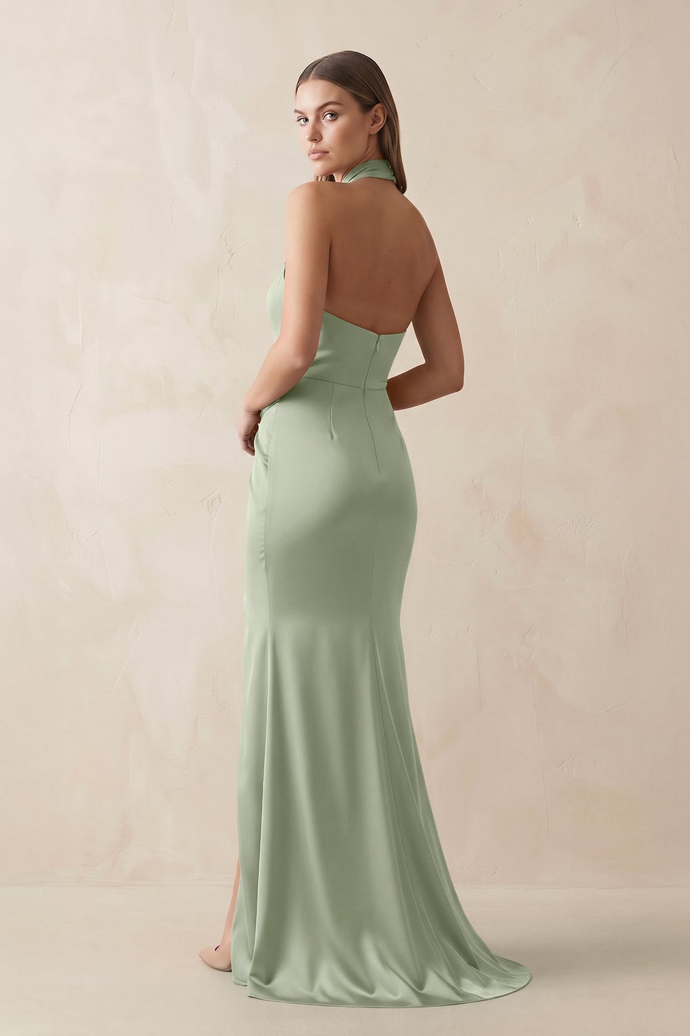 Halter Ruched Sheath Satin Bridesmaid Dress in Dove Gray - KissProm Bridesmaid Dresses