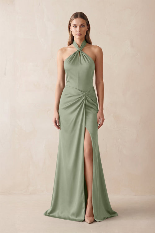 Halter Ruched Sheath Satin Bridesmaid Dress in Dove Gray - KissProm Bridesmaid Dresses