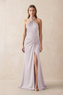 Halter Ruched Sheath Satin Bridesmaid Dress in Dusk - KissProm Bridesmaid Dresses