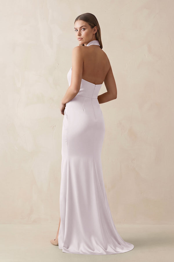 Halter Ruched Sheath Satin Bridesmaid Dress in Dusk - KissProm Bridesmaid Dresses
