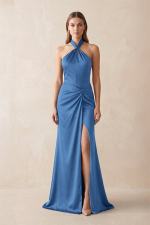 Halter Ruched Sheath Satin Bridesmaid Dress in Dusty Blue - KissProm Bridesmaid Dresses