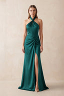 Halter Ruched Sheath Satin Bridesmaid Dress in Emerald - KissProm Bridesmaid Dresses