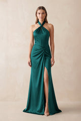 Halter Ruched Sheath Satin Bridesmaid Dress in Emerald - KissProm Bridesmaid Dresses