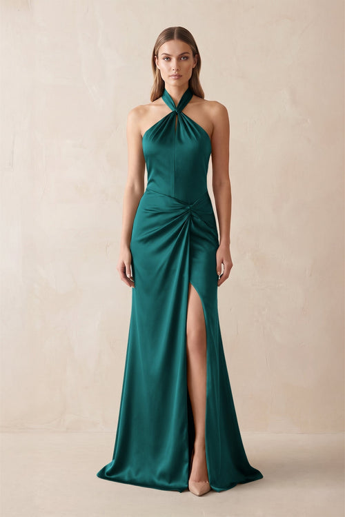 Halter Ruched Sheath Satin Bridesmaid Dress in Emerald - KissProm Bridesmaid Dresses