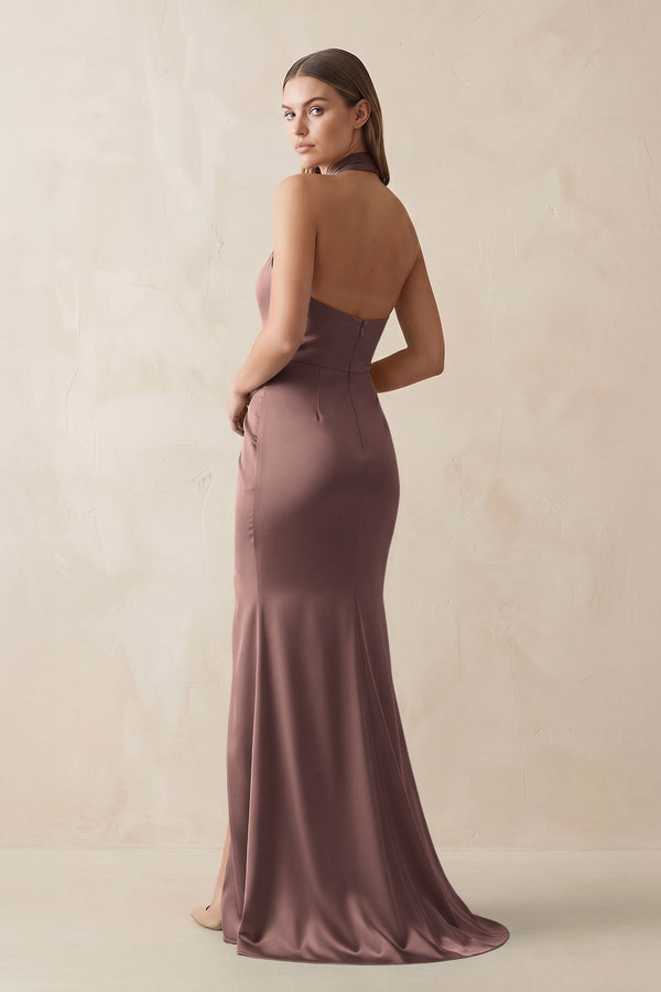 Halter Ruched Sheath Satin Bridesmaid Dress in Espresso - KissProm Bridesmaid Dresses