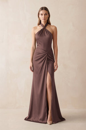 Halter Ruched Sheath Satin Bridesmaid Dress in Espresso - KissProm Bridesmaid Dresses