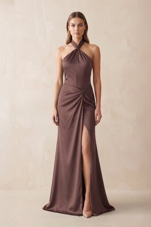 Halter Ruched Sheath Satin Bridesmaid Dress in Espresso - KissProm Bridesmaid Dresses