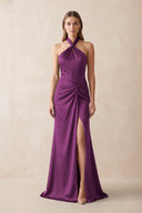 Halter Ruched Sheath Satin Bridesmaid Dress in Fig - KissProm Bridesmaid Dresses