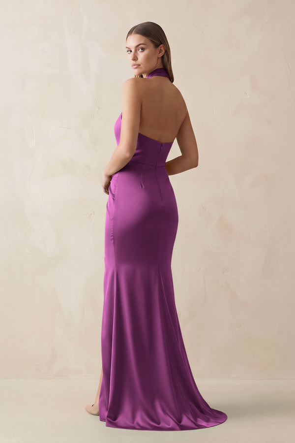 Halter Ruched Sheath Satin Bridesmaid Dress in Fig - KissProm Bridesmaid Dresses