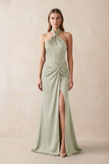 Halter Ruched Sheath Satin Bridesmaid Dress in Frost - KissProm Bridesmaid Dresses