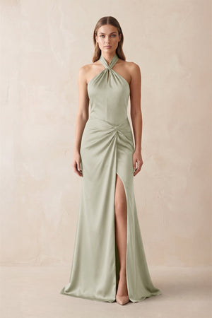 Halter Ruched Sheath Satin Bridesmaid Dress in Frost - KissProm Bridesmaid Dresses