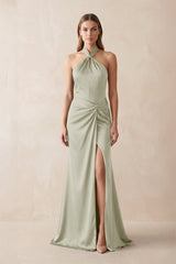 Halter Ruched Sheath Satin Bridesmaid Dress in Frost - KissProm Bridesmaid Dresses