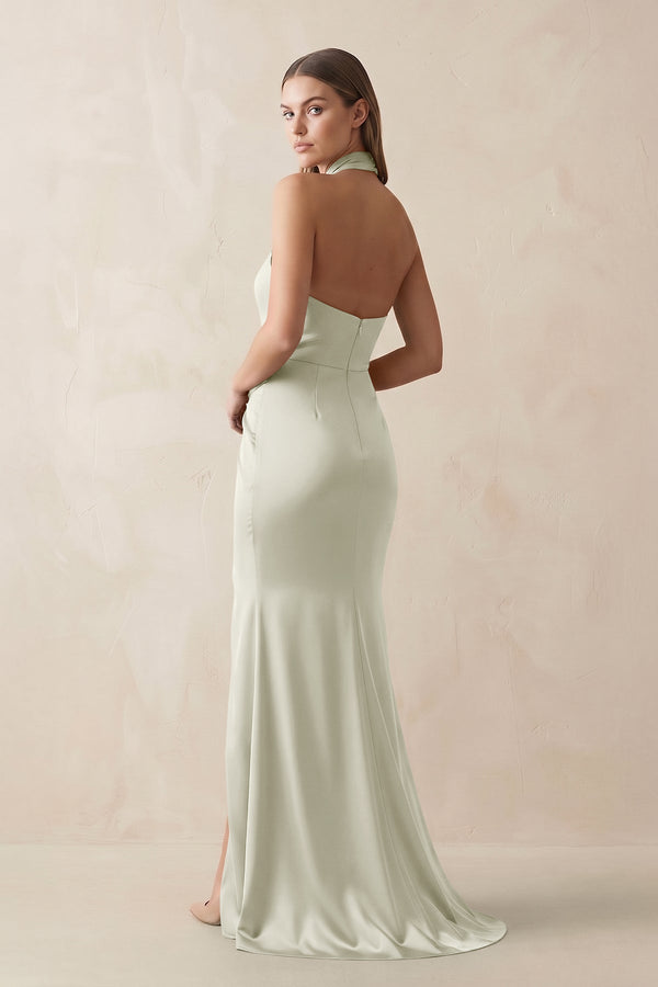 Halter Ruched Sheath Satin Bridesmaid Dress in Frost - KissProm Bridesmaid Dresses