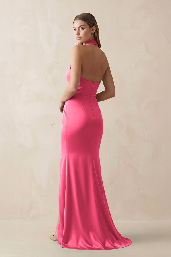 Halter Ruched Sheath Satin Bridesmaid Dress in Fuchsia - KissProm Bridesmaid Dresses