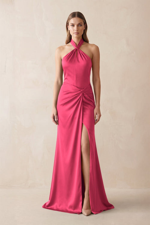 Halter Ruched Sheath Satin Bridesmaid Dress in Fuchsia - KissProm Bridesmaid Dresses