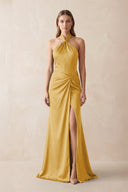 Halter Ruched Sheath Satin Bridesmaid Dress in Gold - KissProm Bridesmaid Dresses