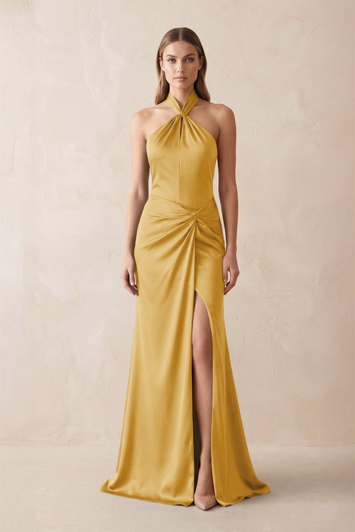 Halter Ruched Sheath Satin Bridesmaid Dress in Gold - KissProm Bridesmaid Dresses