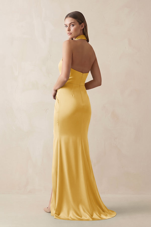 Halter Ruched Sheath Satin Bridesmaid Dress in Gold - KissProm Bridesmaid Dresses