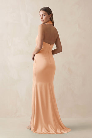 Halter Ruched Sheath Satin Bridesmaid Dress in Golden Champagne - KissProm Bridesmaid Dresses