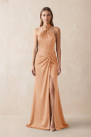 Halter Ruched Sheath Satin Bridesmaid Dress in Golden Champagne - KissProm Bridesmaid Dresses