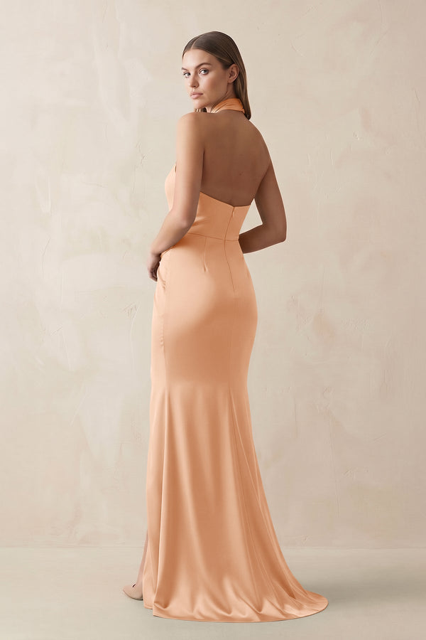 Halter Ruched Sheath Satin Bridesmaid Dress in Golden Champagne - KissProm Bridesmaid Dresses